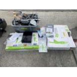 AN ASSORTMENT OF ITEMS TO INCLUDE A NINTENDO WII, TWO WII FIT BOARDS, SPEAKERS AND CABLES ETC