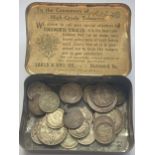 A TOBACCO TIN TO INCLUDE SILVER COINAGE , QV - GV1