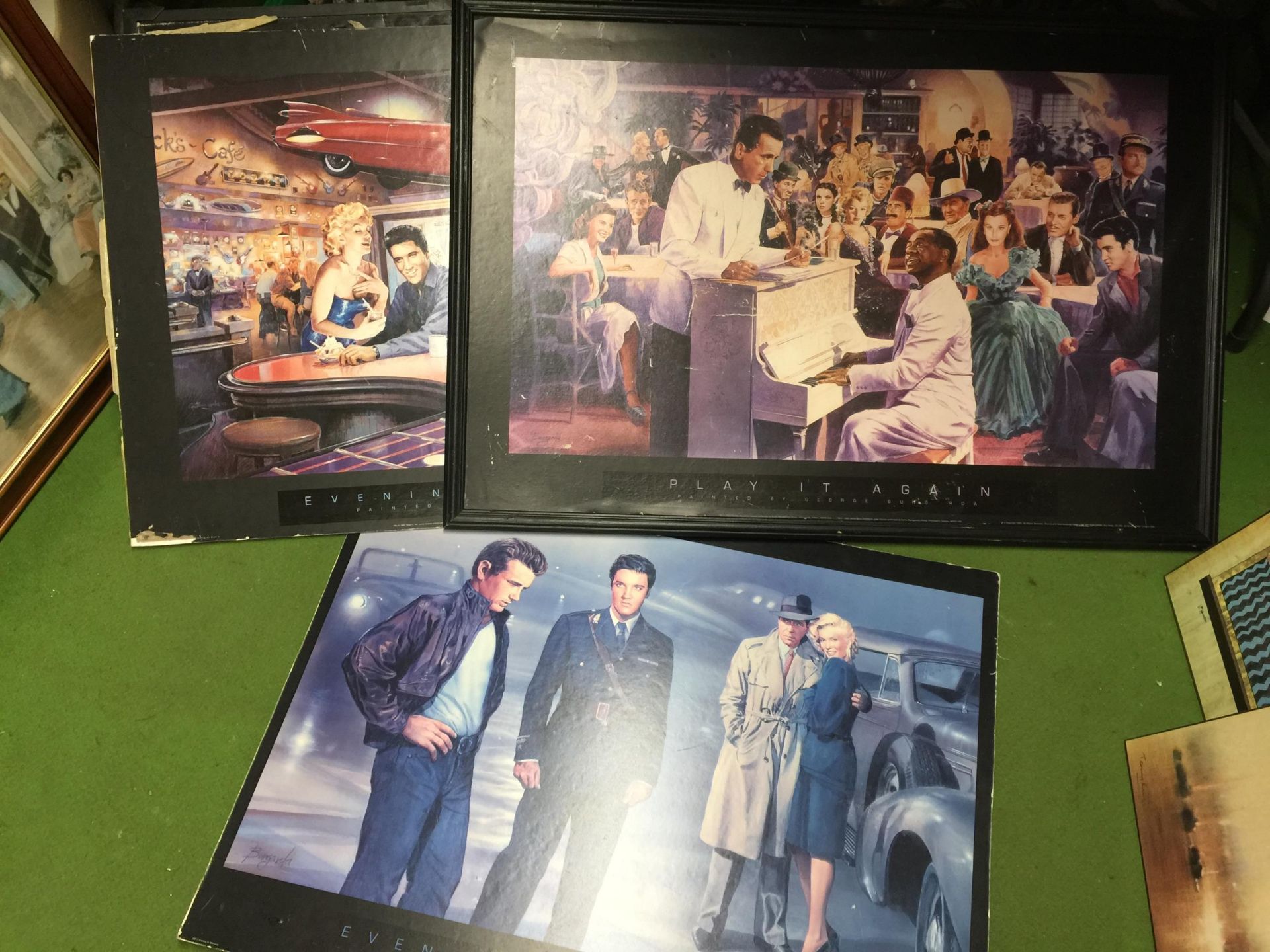 A GROUP OF FOUR HOLLYWOOD PRINTS WITH IMAGES OF ELVIS, JAMES DEAN, ETC