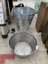 FOUR BUCKETS TO INCLUDE THREE GALVANISED AND ONE STAINLESS STEEL