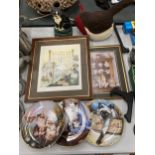 THREE CAT CABINET PLATES, A CAST CAT AND FABRIC ROBIN DOOR STOP PLUS TWO FRAMED PRINTS