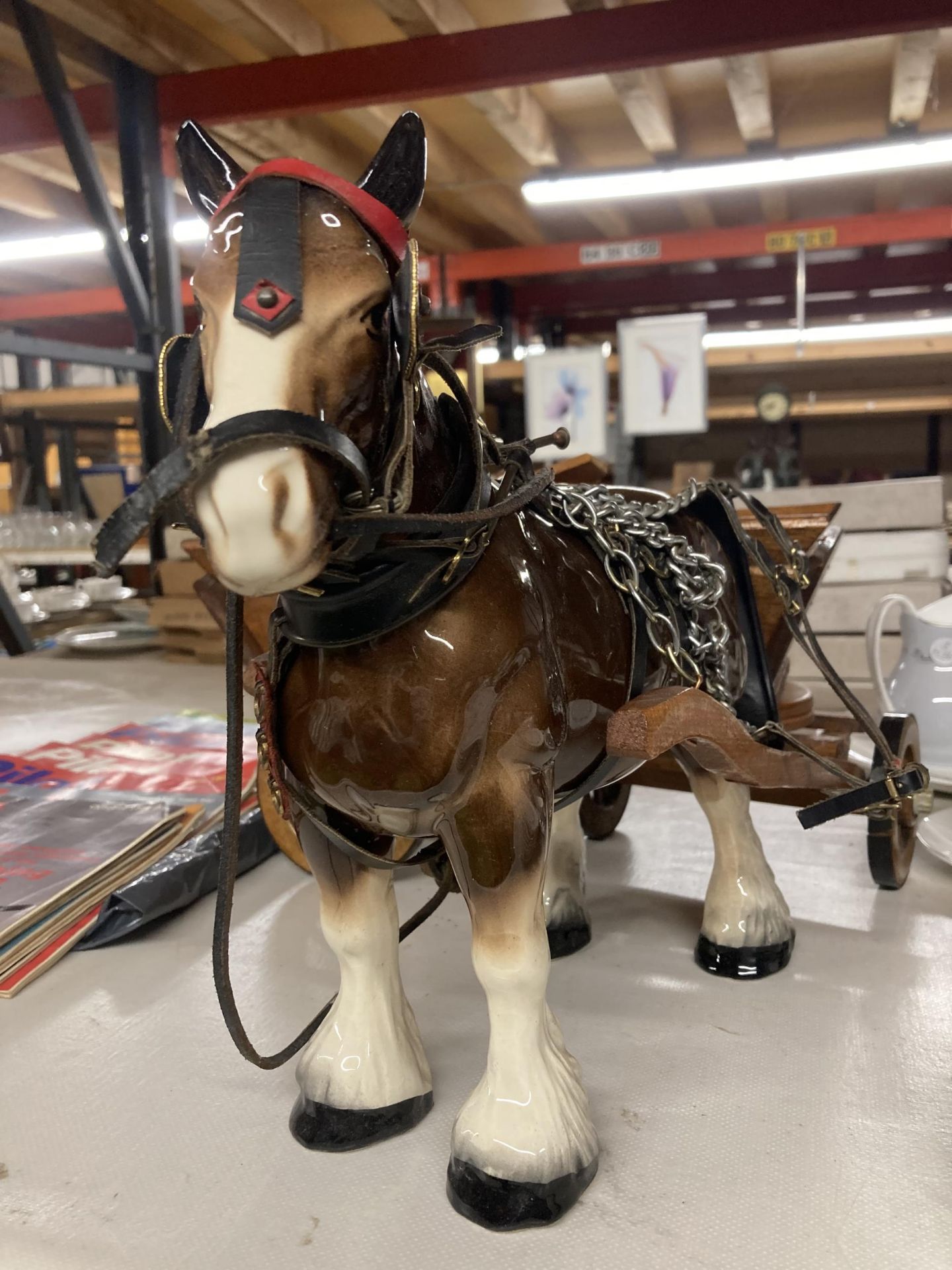 A CERAMIC SHIRE HORSE WITH WOODEN CART - Image 2 of 3