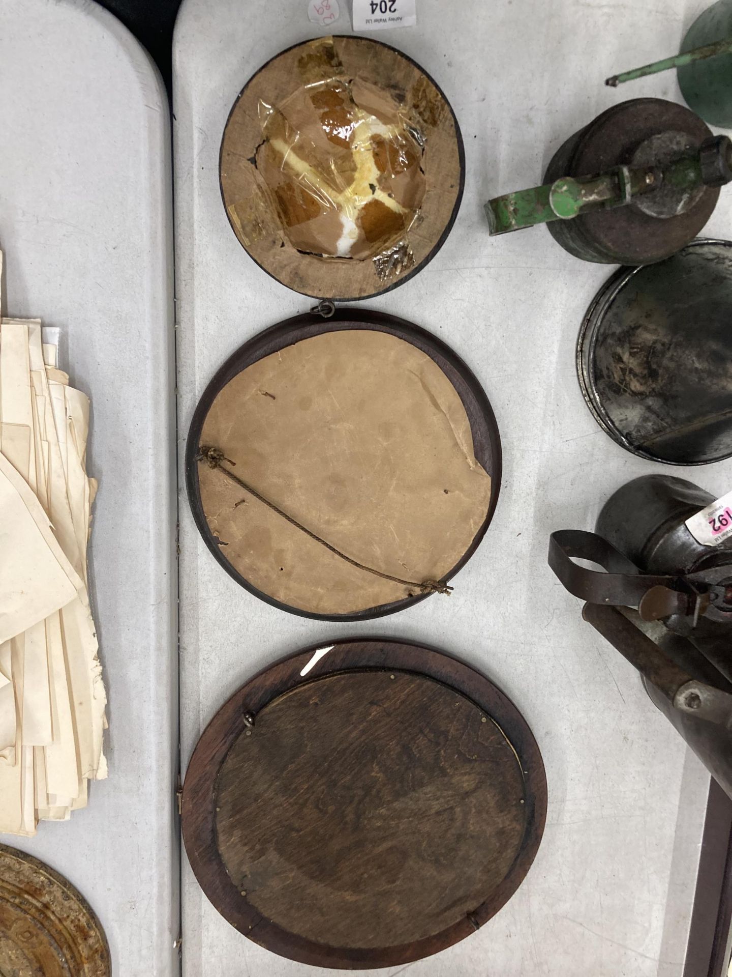 THREE WOODEN FRAMED TO INCLUDE TWO PRATTWARE POT LIDS - Image 5 of 5