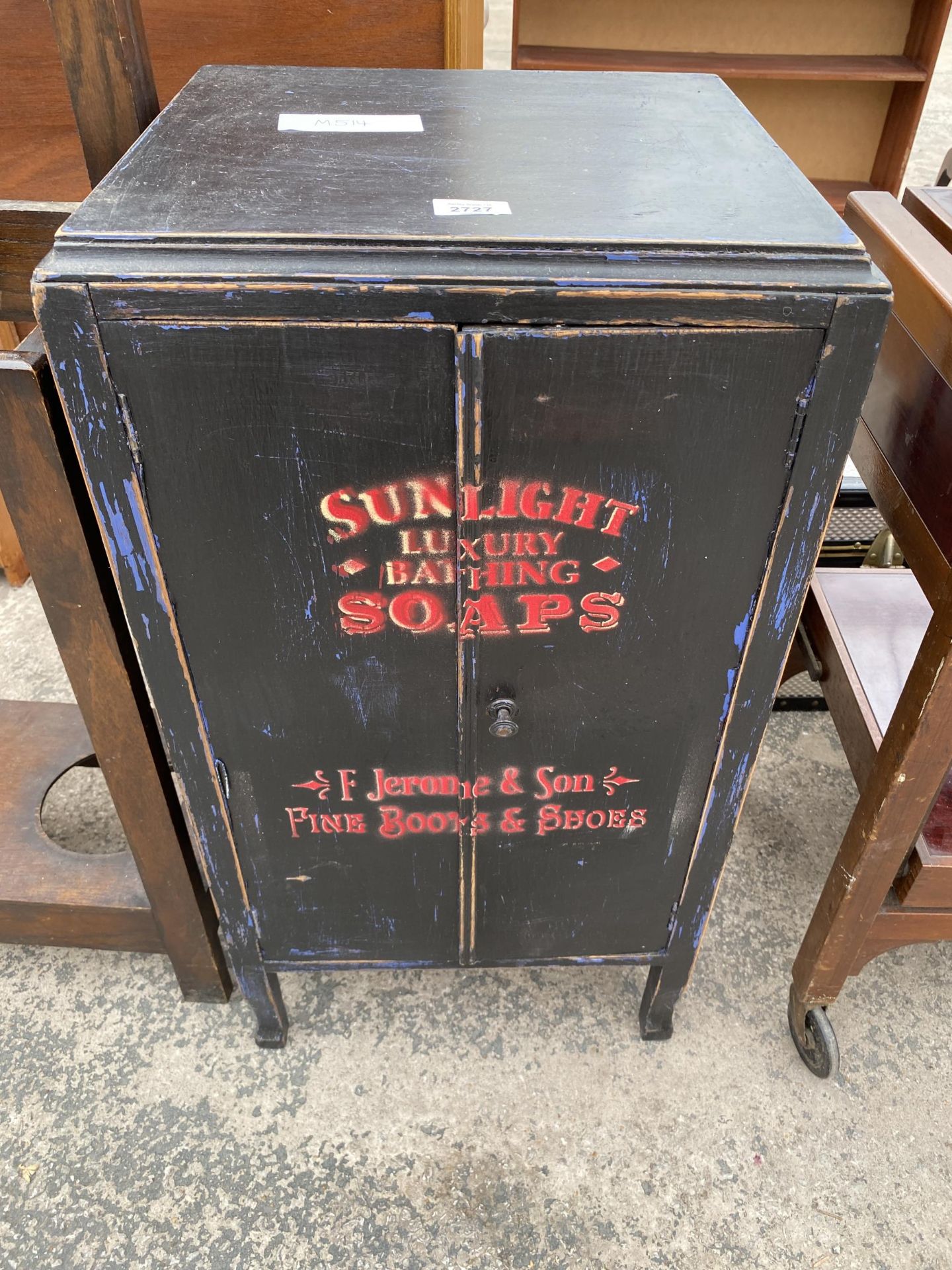 A PAINTED RECORD CABINET BEARING PAINTED DETAILS, SUNLIGHT SOAPS & F.JEROME & SON, FINE BELTS &