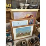 THREE FRAMED PICTURES TO INCLUDE COUNTRY FARM SCENE ETC