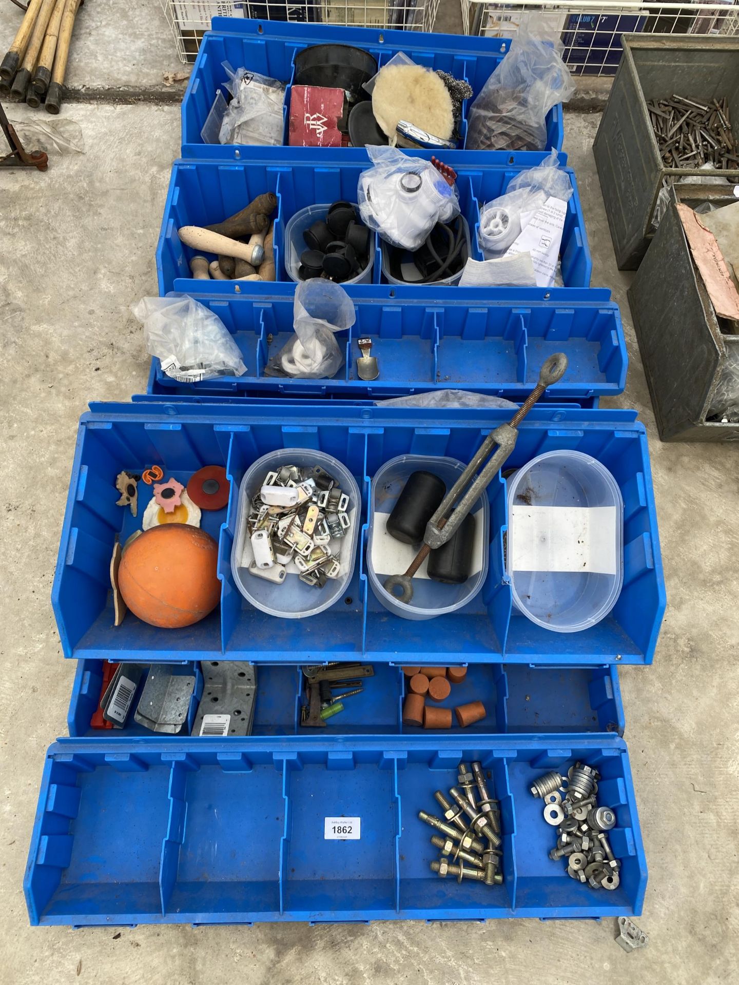 AN ASSORTMENT OF ITEMS TO INCLUDE LIN BINS, FILE HANDLES, BRACKETS AND BOLTS ETC