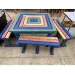 A HEAVY DUTY PLASTIC PICNIC TABLE AND THREE BENCHES