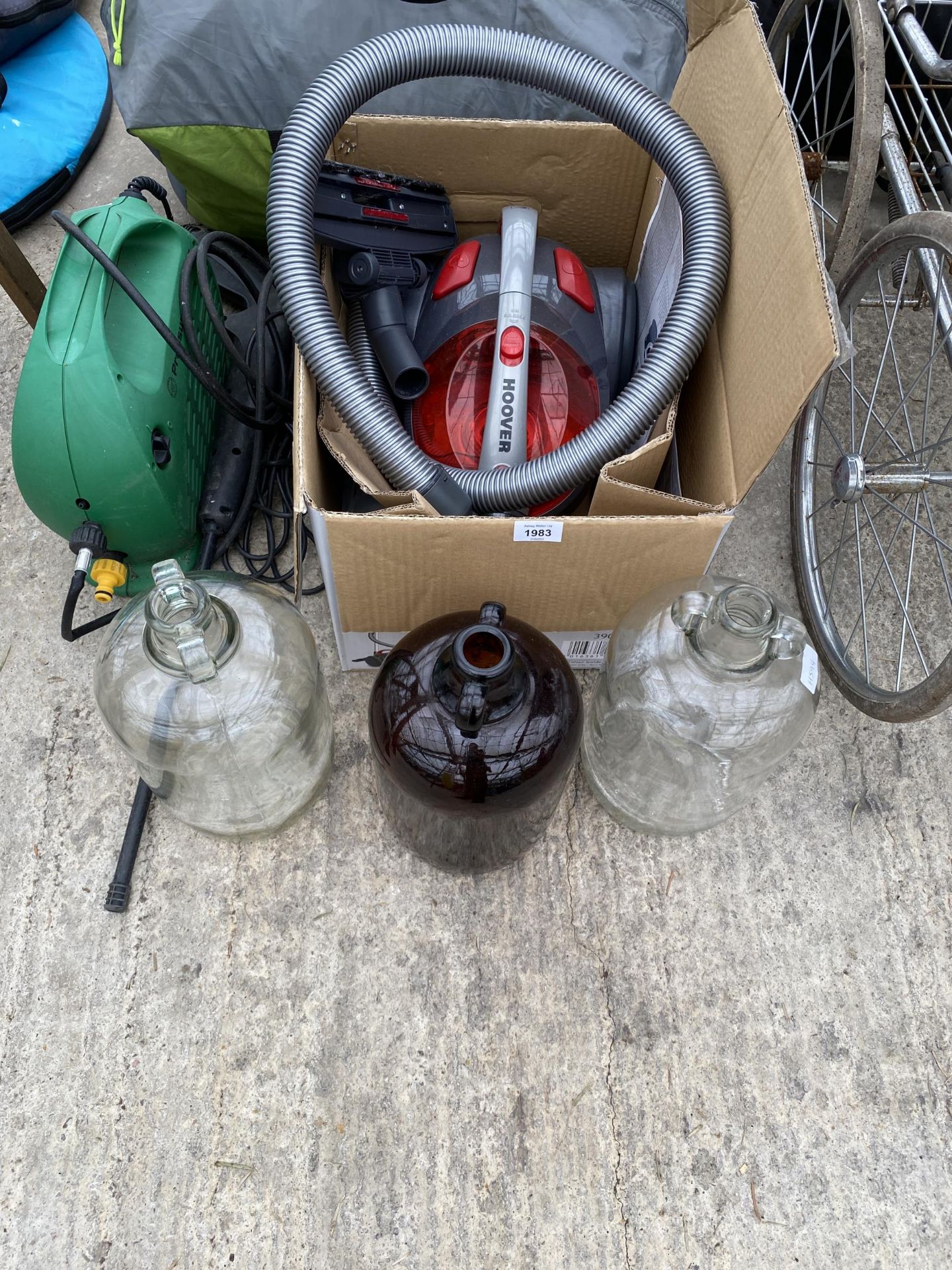 AN ASSORTMENT OF ITEMS TO IBNCLUDE THREE DEMI JOHNS, A PRESSURE WASHER AND A VACUUM CLEANER ETC