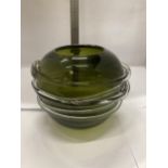 A SPHERICAL GREEN ART GLASS VASE,HEIGHT 18CM