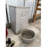 A LARGE STAINLESS STEEL GRUNDYBIN WITH LID (42CM x 42CM x 70CM) AND A FURTHER PAN