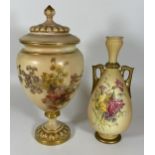 TWO ANTIQUE ROYAL WORCESTER HAND PAINTED BLUSH IVORY ITEMS, LIDDED JAR AND TWIN HANDLED VASE, HEIGHT