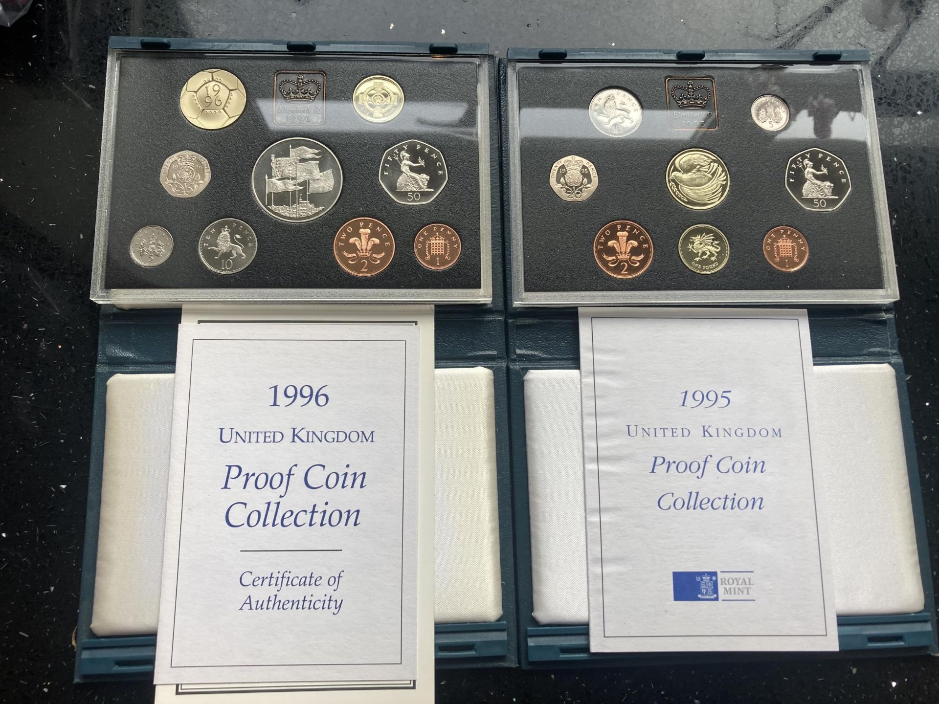 UK CASED COIN SETS FOR 1995 AND 1996 EACH WITH COA
