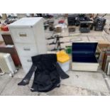 AN ASSORTMENT OF ITEMS TO INCLUDE A CAMPING CHAIR, A METAL FOUR DRAWER FILING CABINET AND A TIN