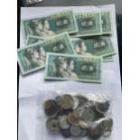 A SELECTION OF NINE CHINESE BANKNOTES AND A COLLECTION OF LOOSE COINS