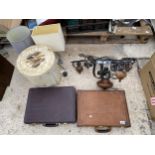 AN ASSORTMENT OF ITEMS TO INCLUDE BRIEFCASES, A LIGHT FITTING AND LAMPS ETC