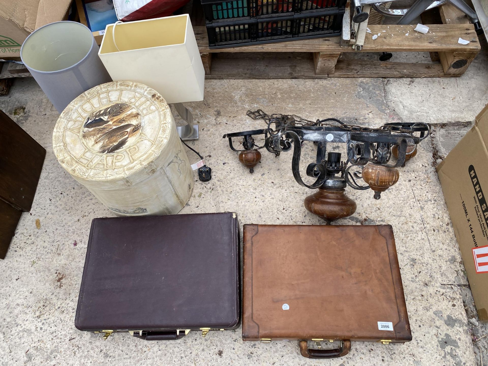 AN ASSORTMENT OF ITEMS TO INCLUDE BRIEFCASES, A LIGHT FITTING AND LAMPS ETC