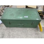 A VINTAGE GREEN PAINTED WOODEN STORAGE BOX