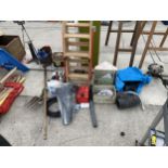 AN ASSORTMENT OF ITEMS TO INCLUDE A LOFT LADDER, A FUEL CAN AND GARDEN TOOLS ETC