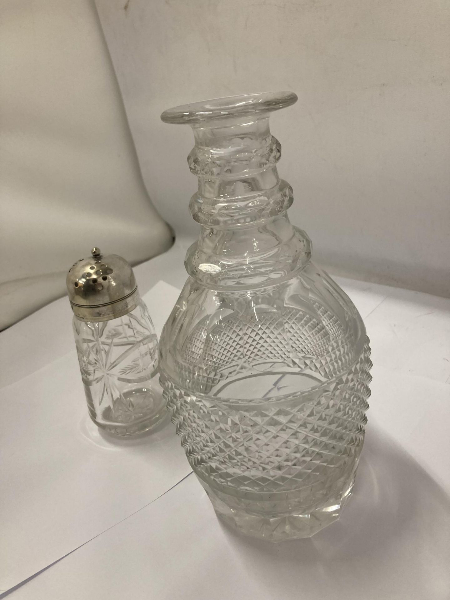 A GLASS DECANTER AND A SUGAR SIFTER WITH PLATED LID - Image 2 of 4