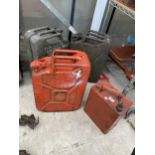 THREE METAL JERRY CANS AND A VINTAGE 'SPUR' FUEL CAN WITH BRASS CAP