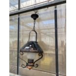 A DECORATIVE MID CENTURY COPPER AND STEEL LIGHT FITTING