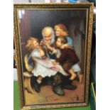 A LARGE OIL ON BOARD OF A GRANFATHER WITH HIS GRANDCHILDREN IN A GILT FRAME, 100CM X 70CM