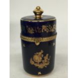 A LIMOGES CASTEL FRANCE 22K GOLD COBALT BLUE WITH GOLD SCROLL ACCENTS LOVERS PORCELAIN BOX WITH