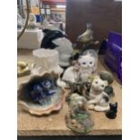 A MIXED GROUP OF CERAMIC FIGURES, CAT, DOLPHIN ETC