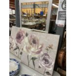 A PAIR OF MODERN FLORAL CANVAS PRINTS AND A MODERN MIRROR