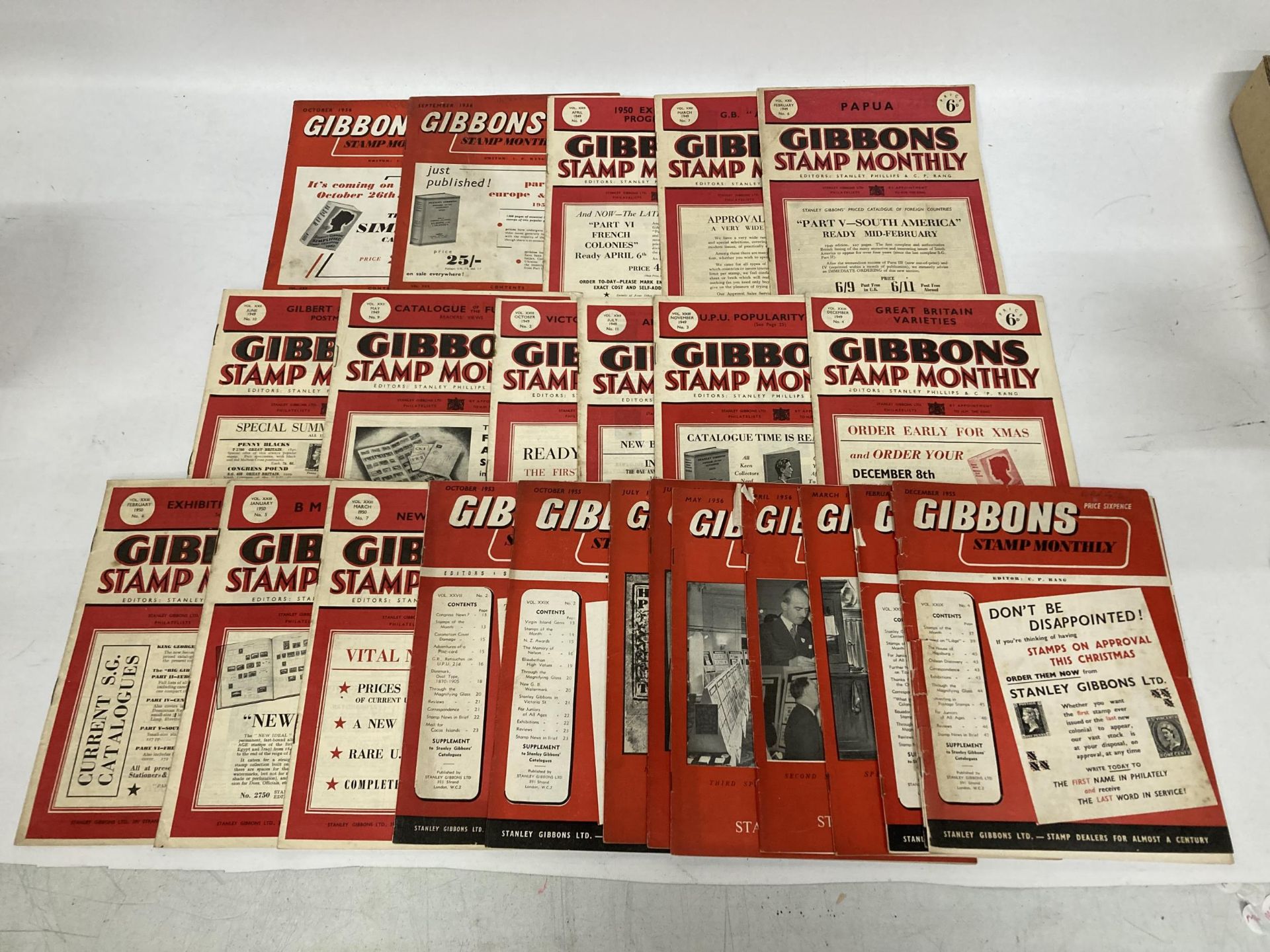 A QUANTITY OF GIBBONS STAMP MONTHLY 1949 - 1956 COLLECTION OF 24 PHILATELIC MAGAZINES IN USED