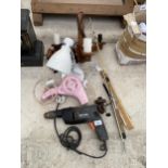 AN ASSORTMENT OF ITEMS TO INCLUDE A DRILL, LIGHT FITTING AND FISHING ROD ETC