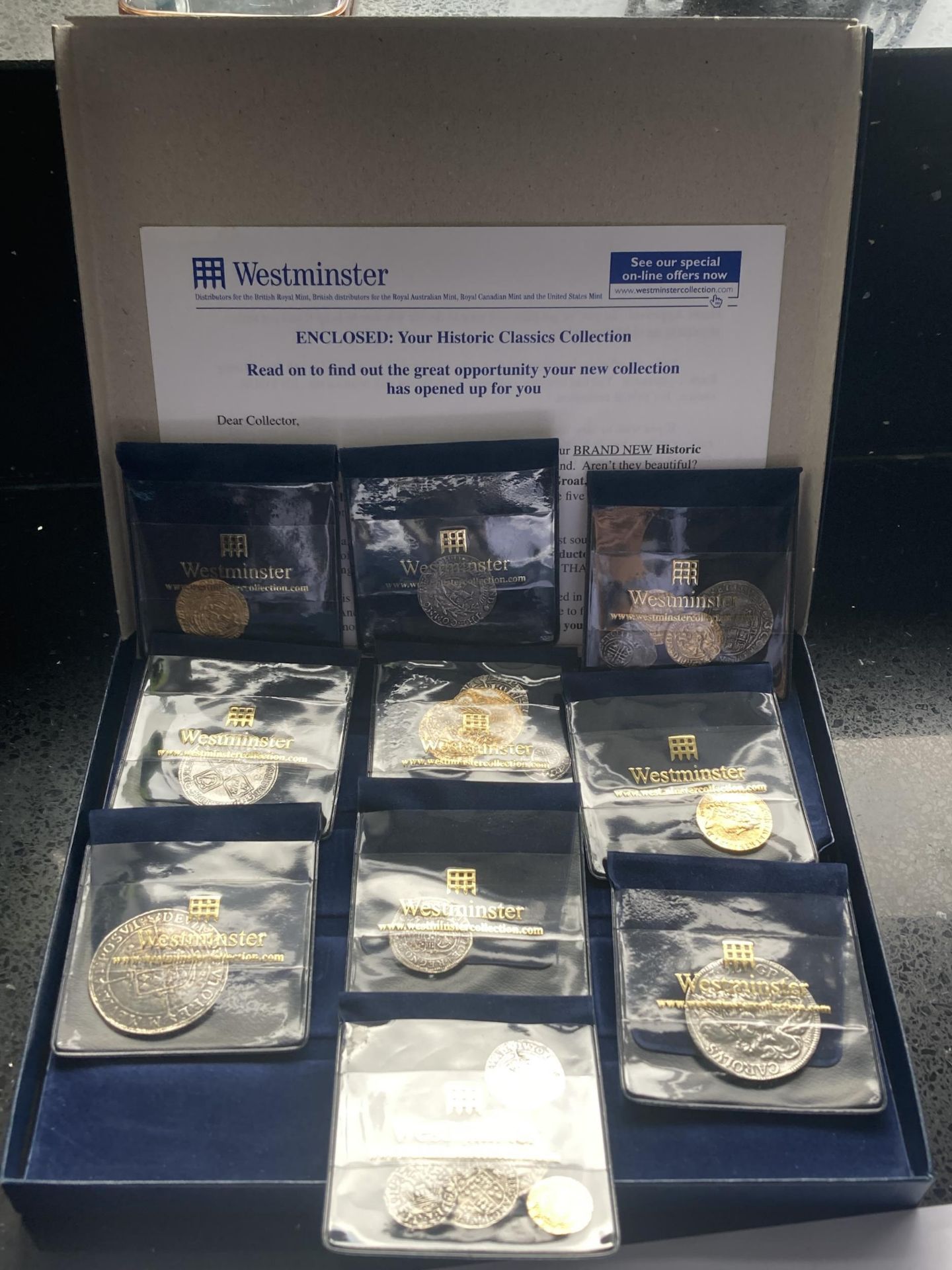 .THE WESTMINSTER COLLECTION OF REPLICA COINS IN A PRESENTATION CASE