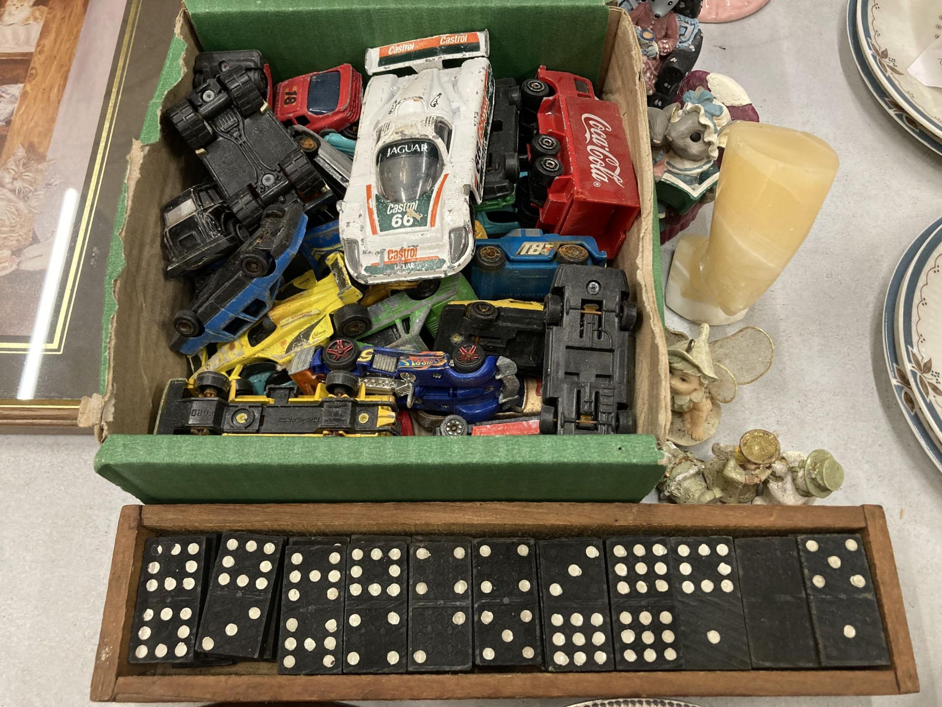 A QUANTITY OF PLAYWORN DIE-CAST VEHICLES, DOMINOES, SMALL FIGURES, TABLE LIGHTERS, ETC - Image 4 of 6