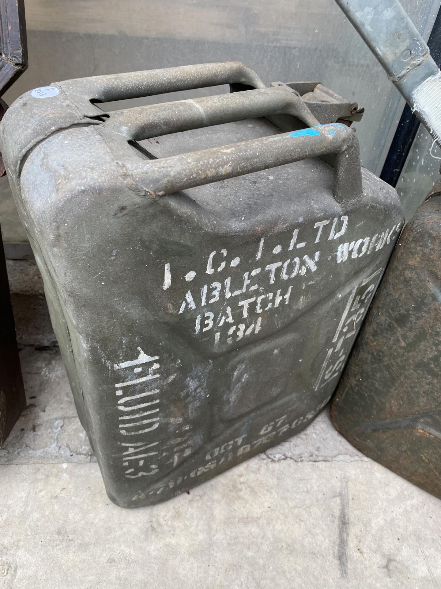 THREE METAL JERRY CANS AND A VINTAGE 'SPUR' FUEL CAN WITH BRASS CAP - Image 4 of 5