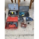 SIX VARIOUS POWER TOOLS TO INCLUDE A BOSCH DRILL, JIGSAWS, ETC