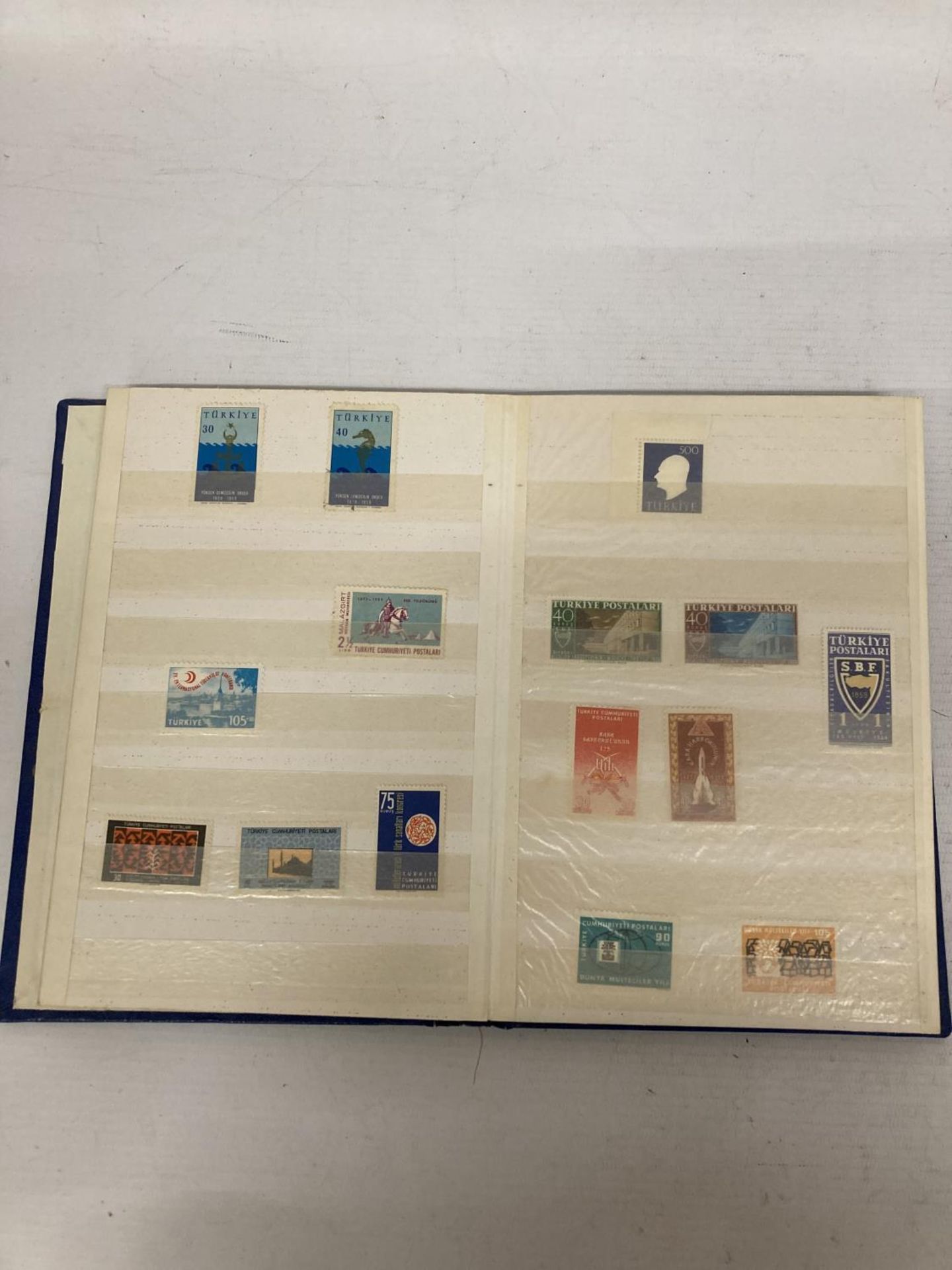 TURKEY , A 1950’S TO 1960’S , UNMOUNTED MINT COLLECTION IN BLUE STOCK BOOK . MANY COMPLETE SETS TO