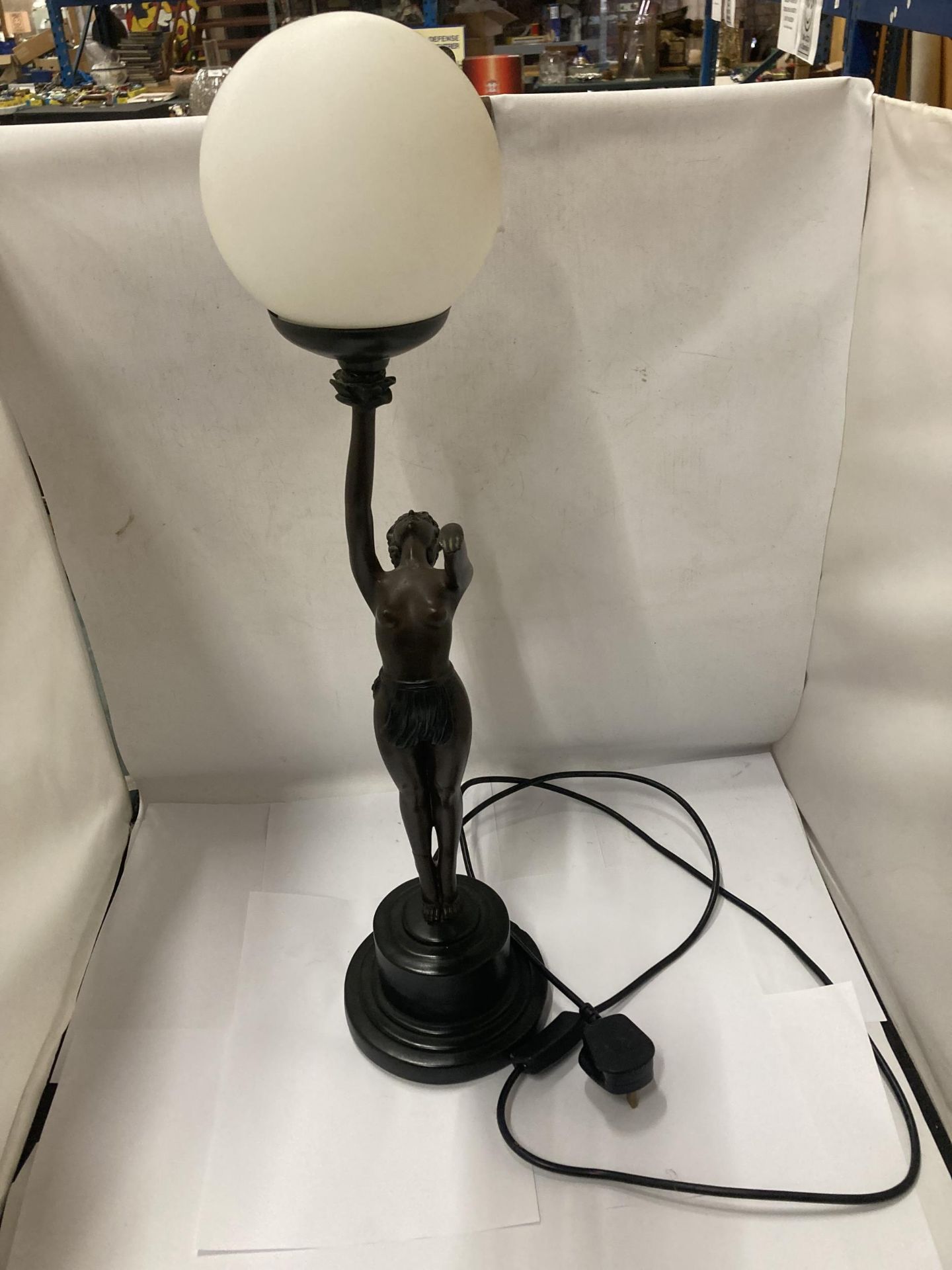 AN ART DECO BRONZE ART LAMP WITH SHADE - "NORA STANDING" - LEG A/F