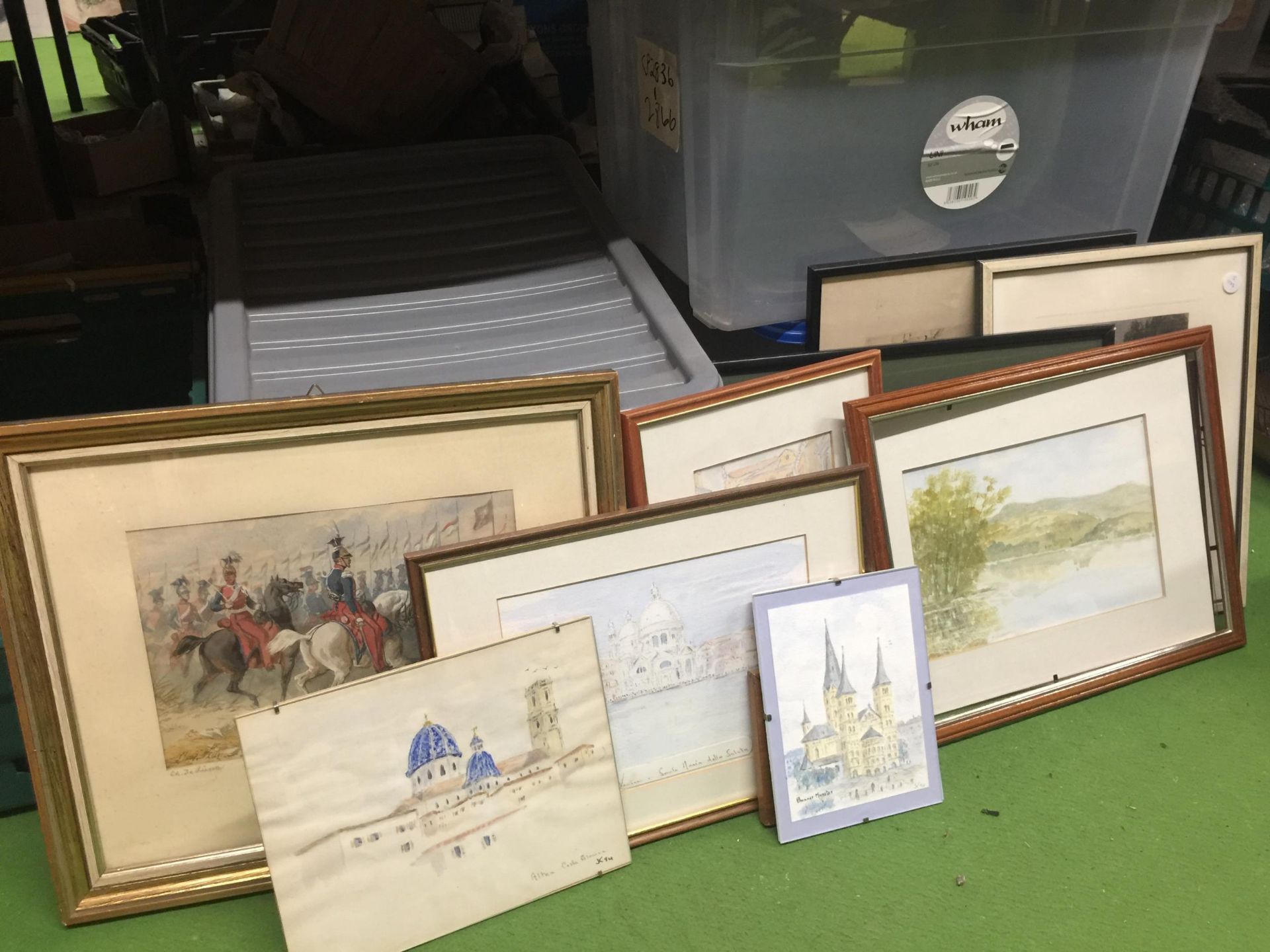 A LARGE QUANTITY OF PRINTS WATERCOLOURS AND PENCIL SKETCHES - 10 IN TOTAL