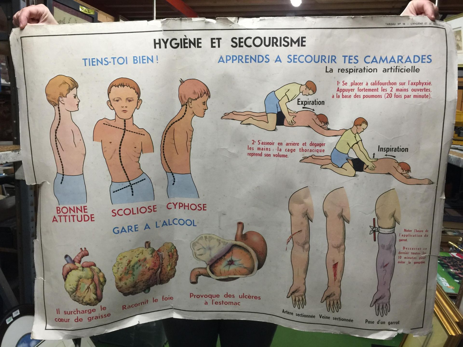 A 1960'S FRENCH SCHOOL CLASSROOM LARGE EDUCATIONAL DOUBLE SIDED ANATOMY CHART 91CM X 67CM