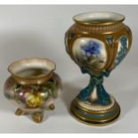TWO HADLEYS HAND PAINTED BLUSH IVORY ITEMS, PEDESTAL URN (RESTORATION TO NECK) AND SMALL POT