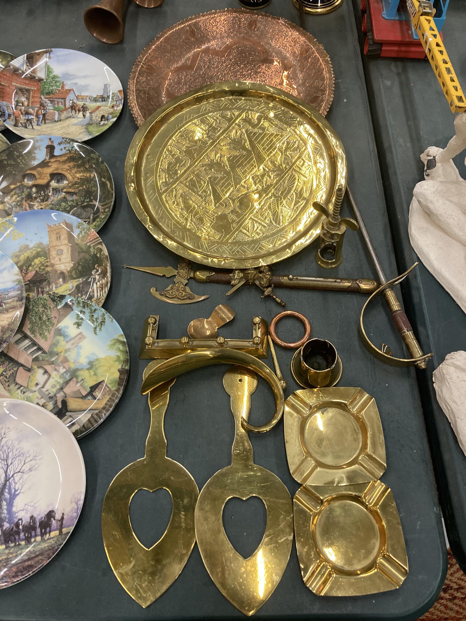A MIXED LOT OF METALWARES - COPPER AND BRASS TRAYS ETC