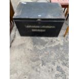 A BLACK PAINTED METALWARE DEEDS BOX INSCRIBED 'ABRAHAM ACKERS, DECEASED', 30 X 18"