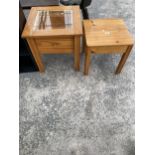 A PINE STOOL AND PINE LAMP TABLE WITH DRAWER AND GLASS TOP