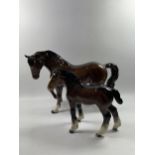 TWO BESWICK BROWN GLOSS HORSE MODELS - MARE FACING LEFT AND FOAL