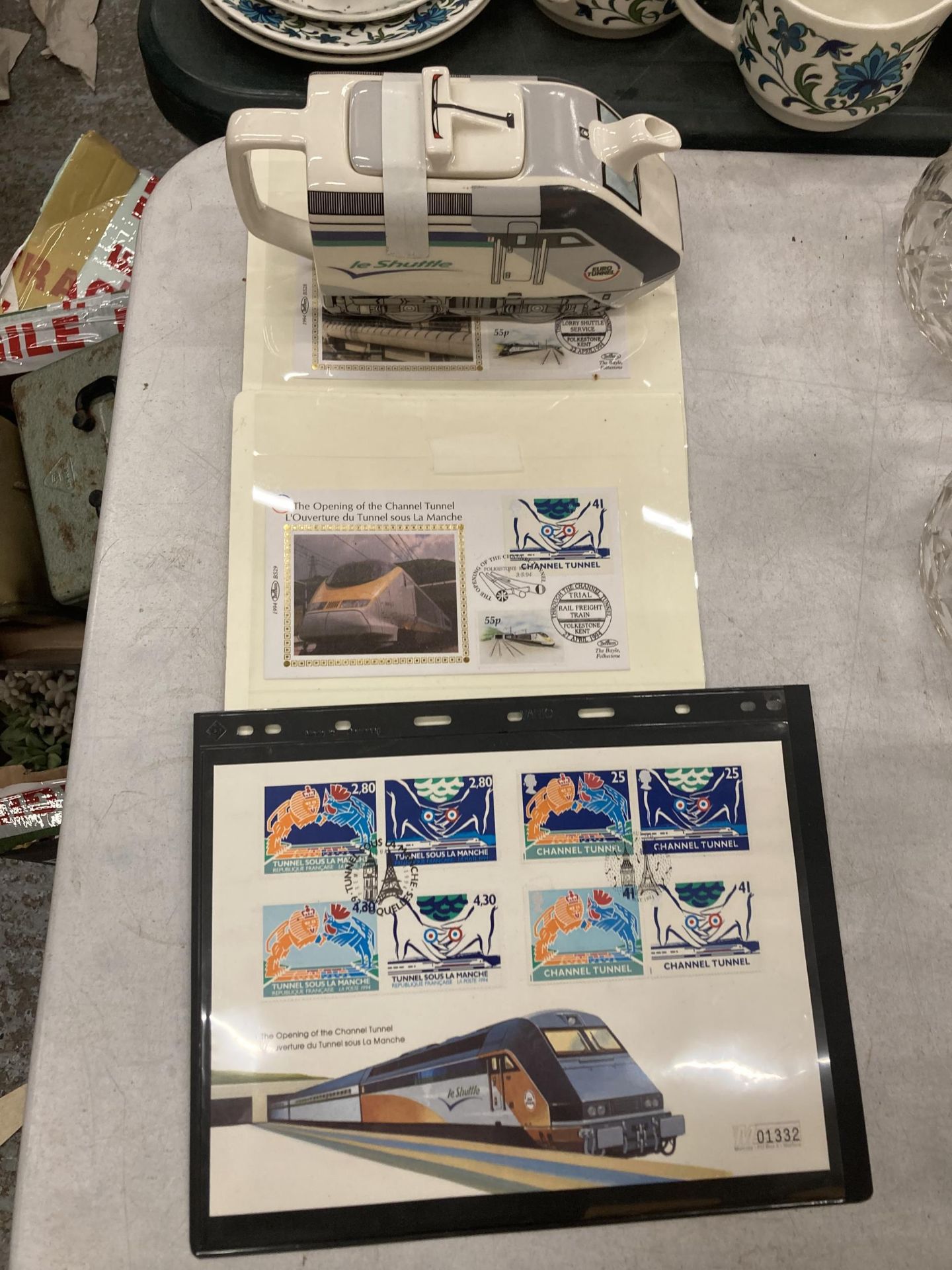 A CHANNEL TUNNEL / LE SHUTTLE LOT - NOVELTY SADLER TEAPOT AND STAMPS