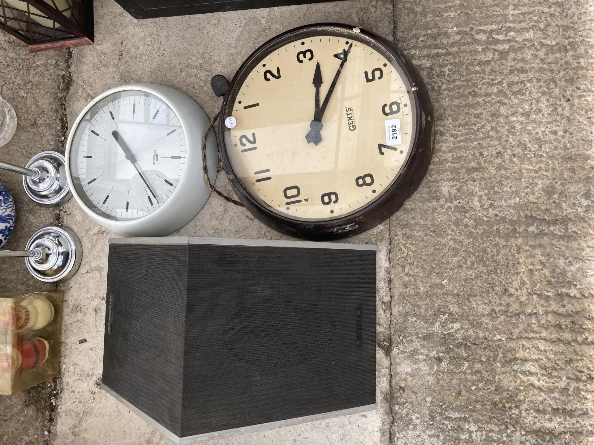 TWO RETRO WALL CLOCKS AND A REDIFFUSION SPEAKER