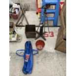 AN ASSORTMENT OF VINTAGE ITEMS TO INCLUDE A METAL SMITHS CRISPS BOX, A STOOL BASE AND METAL RODS ETC