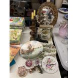 A MIXED GROUP OF ITEMS - ROYAL DOULTON HOME WATERS PLATE, LONDON CLOCK, BARLEY TWIST CANDLESTICKS