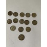 14 SILVER COINS - 13 THREE PENNY AND A USA DIME