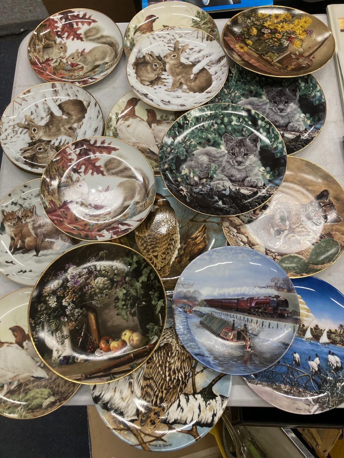 A LARGE COLLECTION OF CABINET/WALL PLATES WITH ANIMAL PICTURES - 18 IN TOTAL